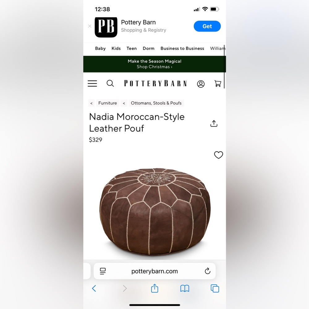 Moroccan Brown Leather Pouf- 2 available and being sold separately